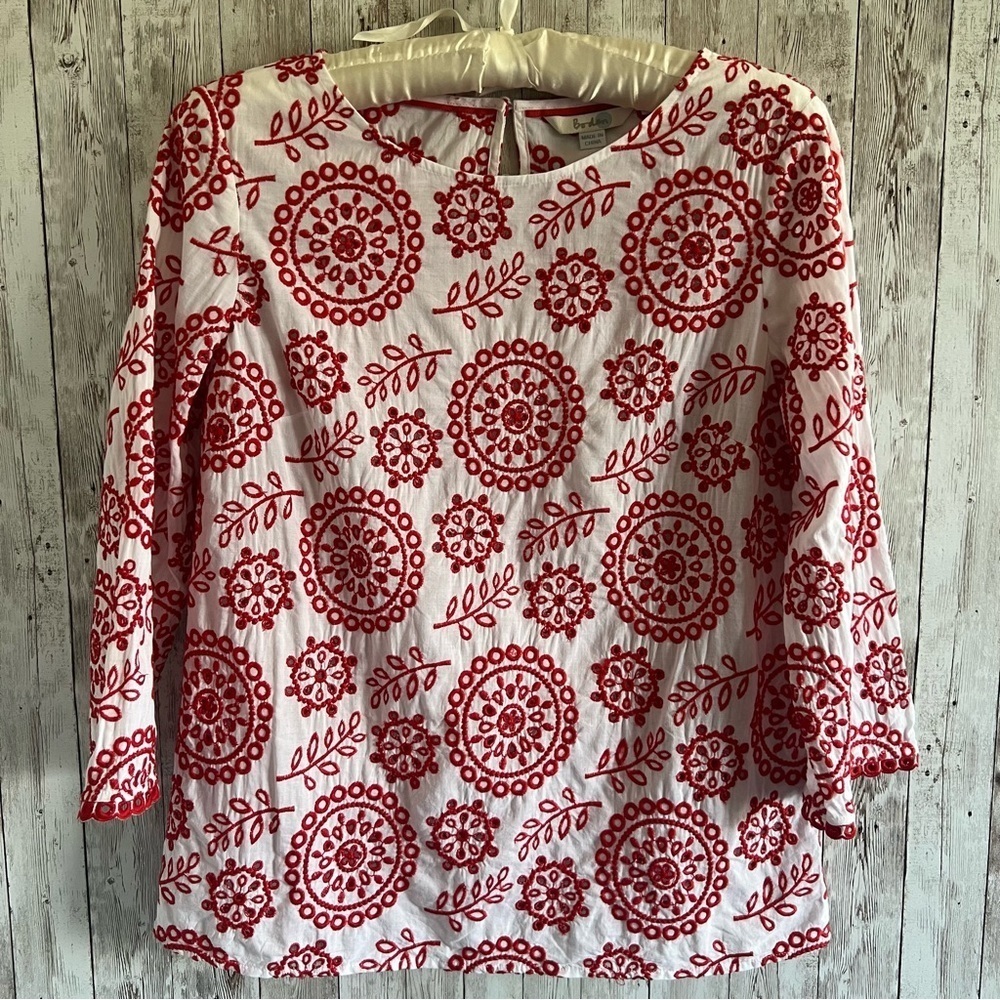 Boden Embroidered 3/4 Sleeve Cotton Blouse